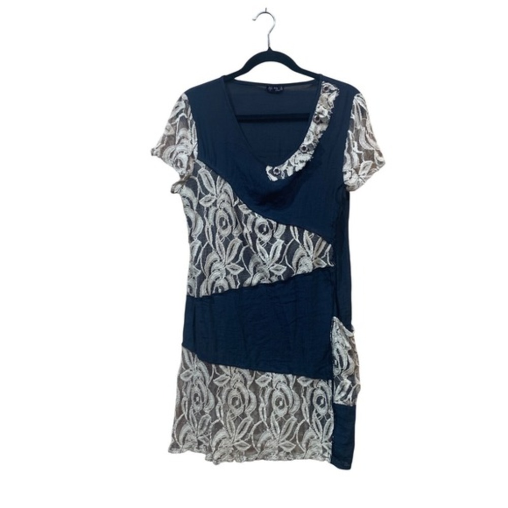 Black W/Beige Lace Panel Boho Dress Short‎ Sleeve Casual Tunic Womens Size Med